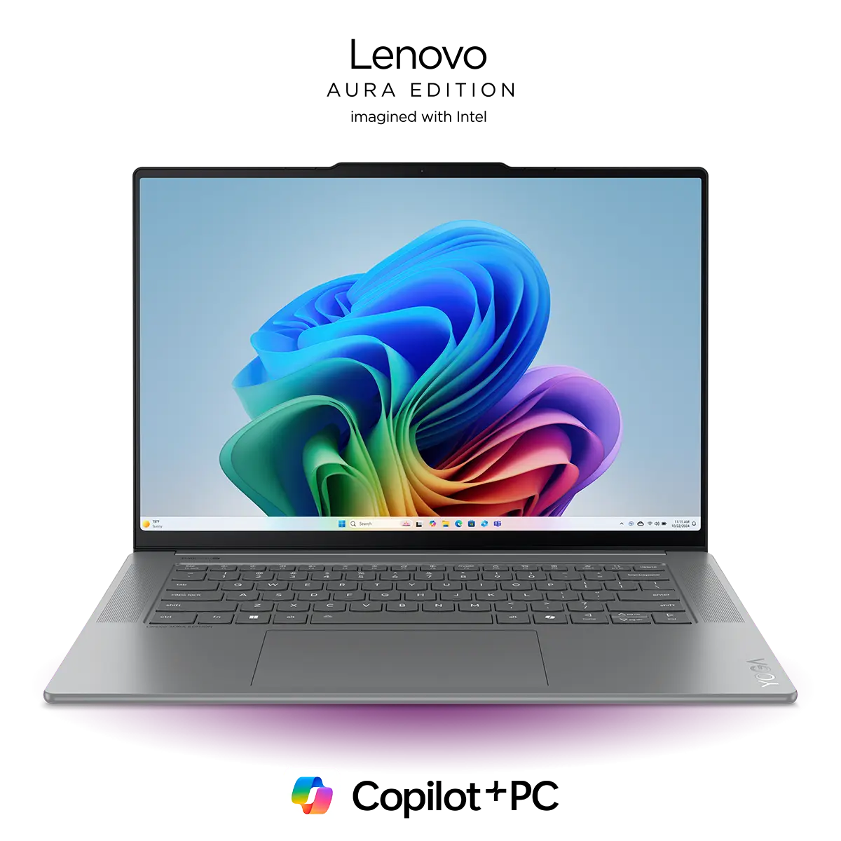 Front view of an opened Yoga Slim 7i Gen 9 Aura Edition (15″ Intel)