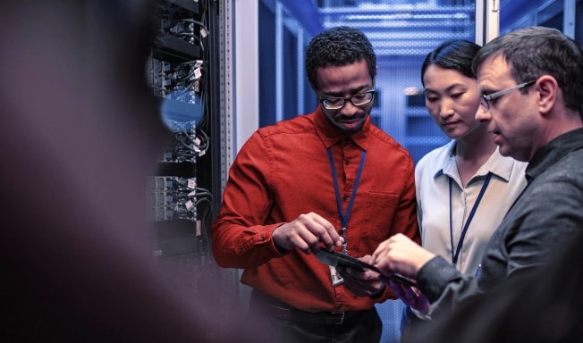 Three colleagues troubleshooting in a server room.