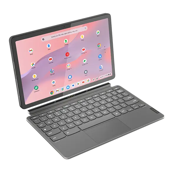 Angled view of the Lenovo IdeaPad Duet 3 Chromebook (11" QCOM) in an open position. The device features a detachable keyboard and a touchscreen display with app icons on a pink and purple gradient background.