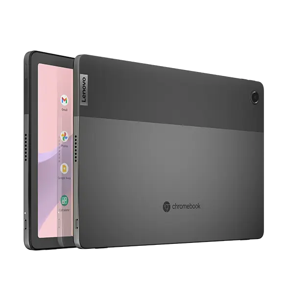 Two Lenovo IdeaPad Duet 3 Chromebooks (11" QCOM) displayed side by side. The left device shows the front view with a pink and purple gradient background and app icons on the screen. The right device shows the back view, highlighting the Lenovo logo, Chromebook branding, and a rear camera.