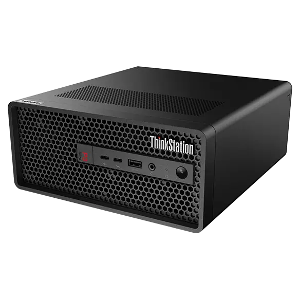 Front-facing Lenovo ThinkStation P3 Ultra Workstation, laid horizontally at slight angle, showing front ports