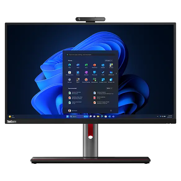 Forward-facing Lenovo ThinkCentre M90a Pro Gen 4 (27″ Intel) all-in-one PC, showing display and stand