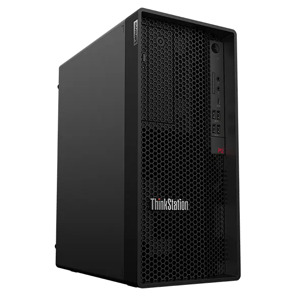 Font, left side view of the Lenovo ThinkStation P2 Tower workstation captured from the ground level, focusing its front grid architecture and ports with the ThinkStation logo.