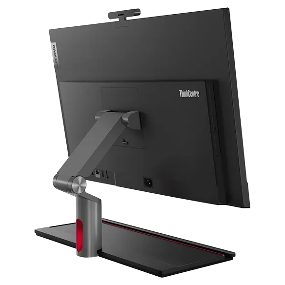 Side view of rear-facing Lenovo ThinkCentre M90a Gen 5 (24″ Intel) all-in-one PC, showing rear cover & ports, & back of full function monitor stand