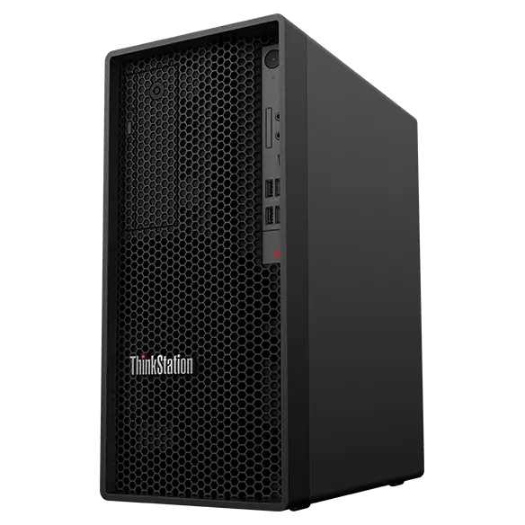 Font, right side view of the Lenovo ThinkStation P2 Tower workstation captured from the ground level, focusing its front grid architecture and ports with the ThinkStation logo.