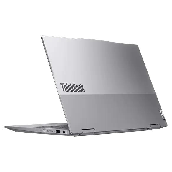 Rear, right side view of Lenovo ThinkBook 14 2-in-1 Gen 4 (14” Intel) laptop with lid opened at an acute angle with visible right side ports & highlighting the ThinkBook logo.