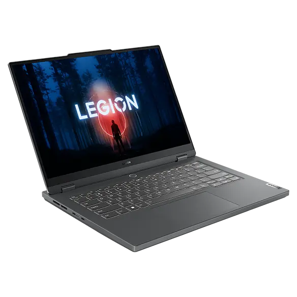 Top-left angle view of the Lenovo Legion Slim 5 Gen 8 (14” AMD) with a Legion logo on the display