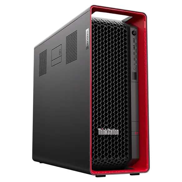 Left-side facing Lenovo ThinkStation P7 workstation, showing iconic ThinkPad red casing & front ports