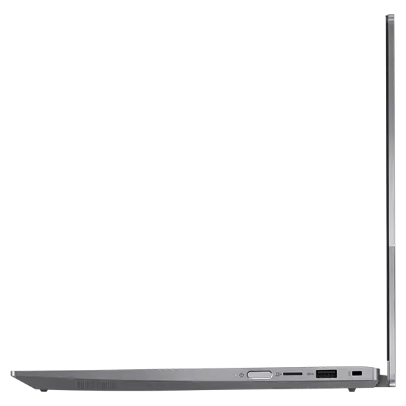 Right side view of Lenovo ThinkBook 14 2-in-1 Gen 4 (14” Intel) laptop with lid opened at 90 degrees with visible right side ports.