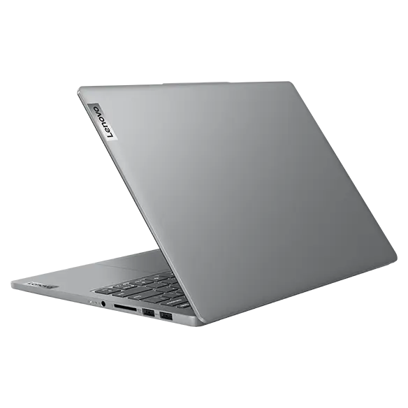 Rear-right side view of Lenovo IdeaPad Pro Gen 9 14 inch laptop with lid open at an acute angle.