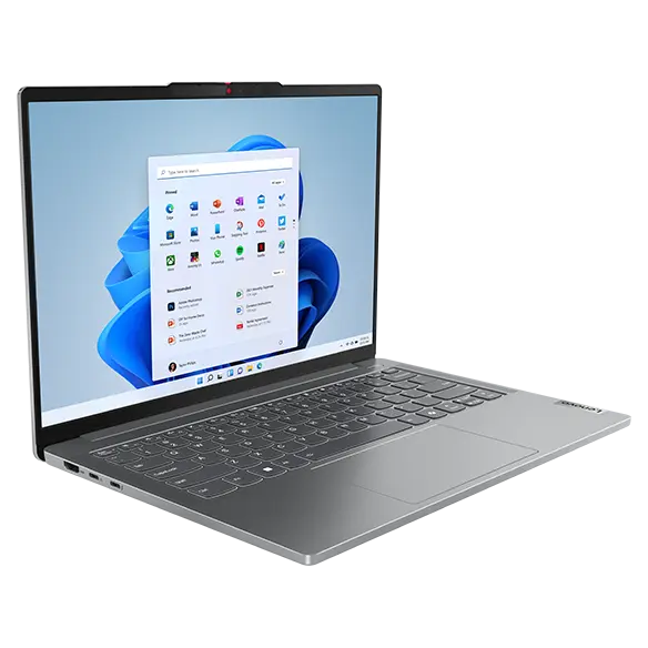 Front-left side view of Lenovo IdeaPad Pro Gen 9 14 inch laptop, showing a Windows 11 Pro start menu on screen with lid open at a wide angle.