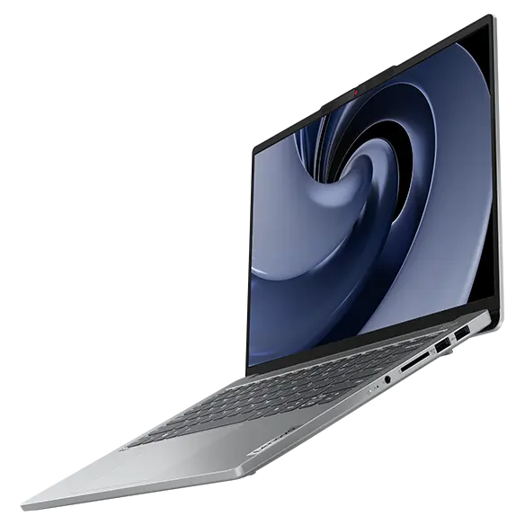 Floating, front-right side image of Lenovo IdeaPad Pro Gen 9 14 inch laptop with lid open at a wide angle with a focus on its slim shape.