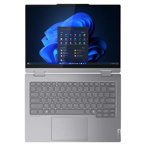 Front view of Lenovo ThinkBook 14 2-in-1 Gen 4 (14” Intel) laptop opened at 180 degrees, focusing its keyboard & display with Windows 11 Pro menu opened on the screen.