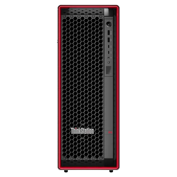 Forward-facing Lenovo ThinkStation P5 workstation, showing iconic red casing & front ports