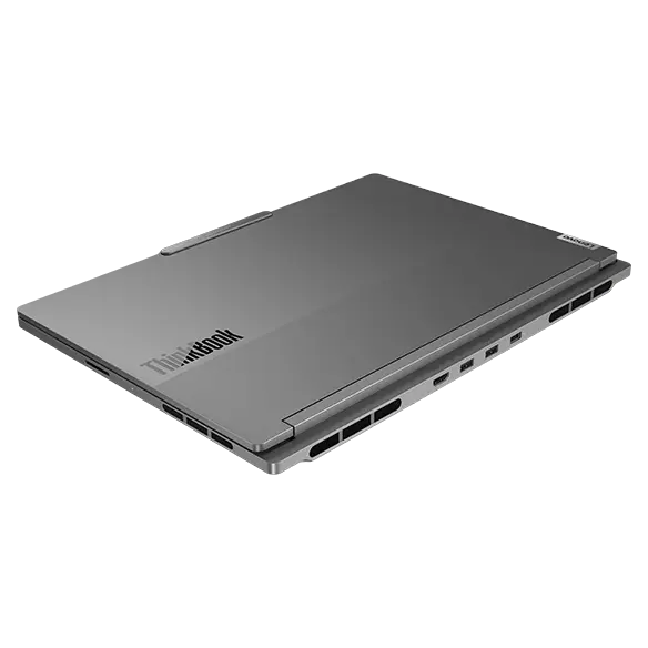 Closed-lid Lenovo ThinkBook 16p Gen 4 laptop, showcasing ports & vents on rear.