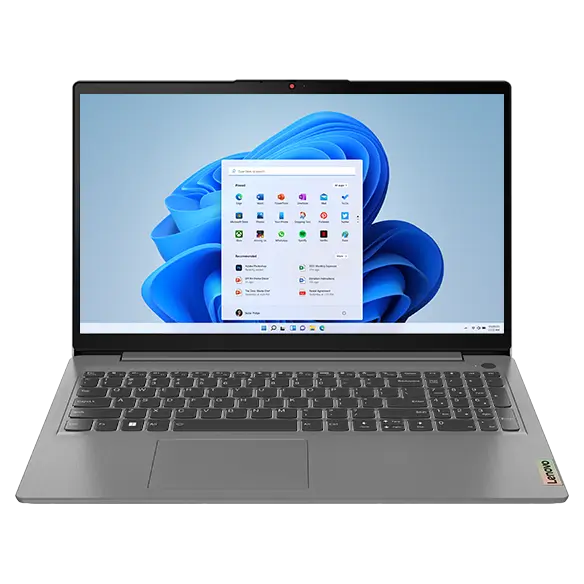 Front facing view of Lenovo IdeaPad 3 Gen 7 15” AMD open 90 degrees, showing keyboard and display screen.