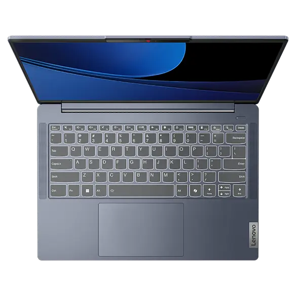 Lenovo IdeaPad Slim 5i Gen 9 (14&quot; Intel) laptop – Abyss Blue – top view, lid open, wavy blue lines on the display