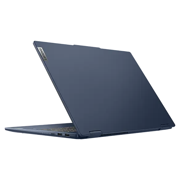 Rear, right side view of the Lenovo IdeaPad 5 2-in-1 Gen 9 (16 inch AMD) laptop in Cosmic Blue opened at an acute angle, focusing its four right side ports & a Lenovo logo on the top cover.