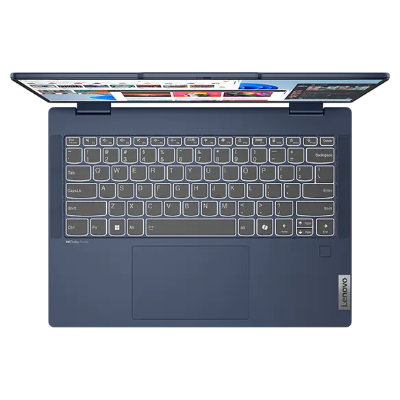 Overhead shot of the Lenovo IdeaPad 5 2-in-1 Gen 9 (14'' AMD) laptop in Luna Grey opened at 90 degrees, focusing its keyboard and touchpad.