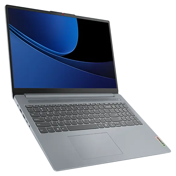 Front, left side view of the Lenovo IdeaPad Slim 3i Gen 9 16 inch laptop in Artic Grey suspended in air with lid opened at wide angle, focusing its keyboard & display in standby mode.