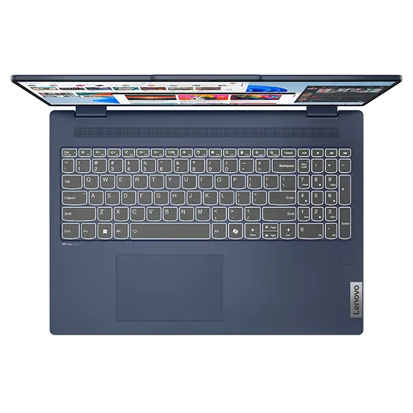 Overhead shot of the Lenovo IdeaPad 5 2-in-1 Gen 9 (16 inch AMD) laptop in Cosmic Blue opened at 90 degrees, focusing its keyboard and touchpad.