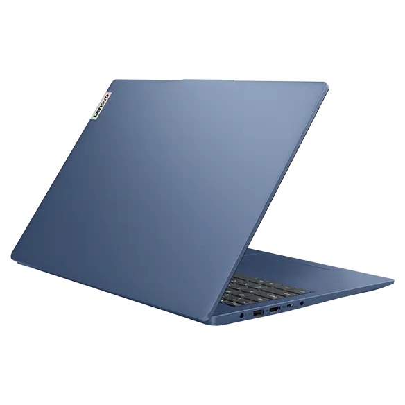 Rear, left side view of the Lenovo IdeaPad Slim 3i Gen 9 16 inch laptop in Abyss Blue with lid opened at an acute angle, focusing on its left side ports. 