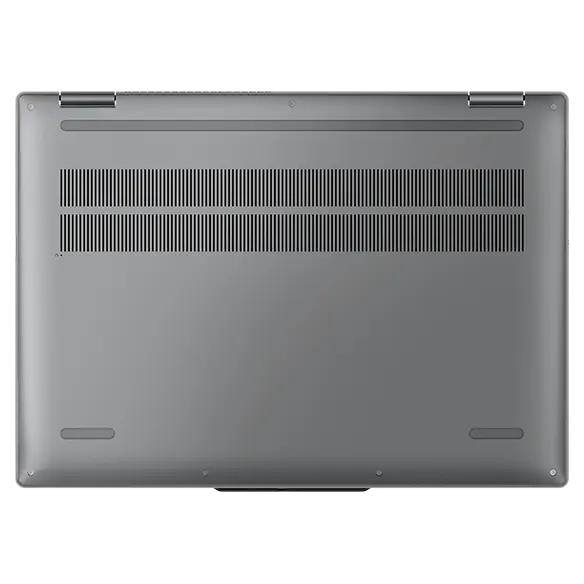 Overhead shot of the Lenovo IdeaPad 5 2-in-1 Gen 9 (16 inch AMD) laptop’s bottom cover in Luna Grey, focusing its air vents.