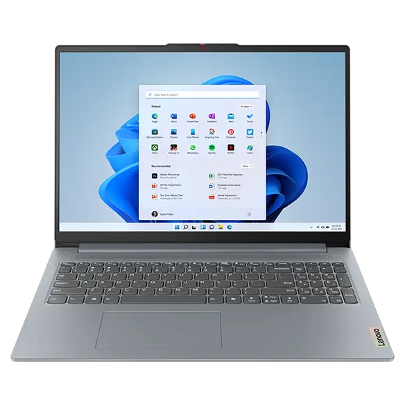 Front view of the Lenovo IdeaPad Slim 3i Gen 9 16 inch laptop in Artic Grey with lid opened 90 degrees, focusing its keyboard & Windows 11 Pro menu on the display.