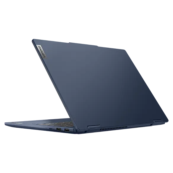 Rear, right side view of the Lenovo IdeaPad 5 2-in-1 Gen 9 (14'' AMD) laptop in Cosmic Blue opened at an acute angle, focusing its four right side ports & a Lenovo logo on the top cover.