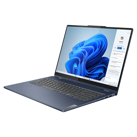 Front, right side view of the Lenovo IdeaPad 5 2-in-1 Gen 9 (16 inch AMD) laptop in Cosmic Blue opened at a wide angle, focusing its keyboard & display with Windows Copilot menu opened on the screen.