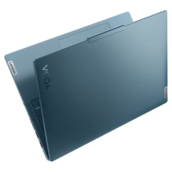 The Lenovo Yoga Pro 9i Gen 9 (16 Intel) in Tidal Teal, opened in a V shape showing the top cover