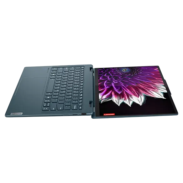 Right profile view of the Yoga 7 2-in-1 Gen 9 (14 Intel) opened 180 degrees and laying flat