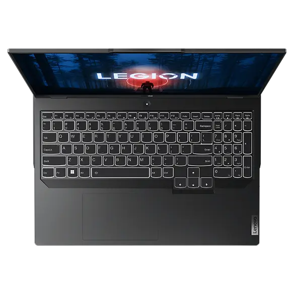 Legion 5 Pro Gen 8 (16″ AMD) top view of keyboard, screen on