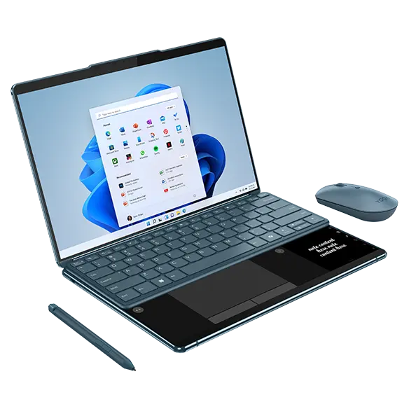 Left front angle view of the Lenovo Yoga Book 9i Gen 9 (13 Intel), wireless keyboard, mouse, and stylus pen