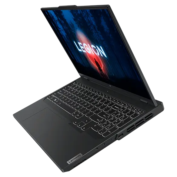 Legion 5 Pro Gen 8 (16″ AMD) front facing left, fully opened, screen on, angled to the left