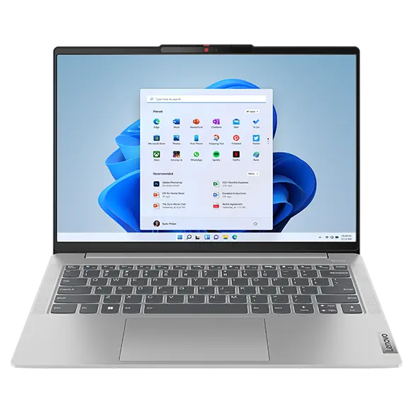 Front-facing 14-inch Lenovo IdeaPad Slim 5 AMD open to 90 degrees showing keyboard and display