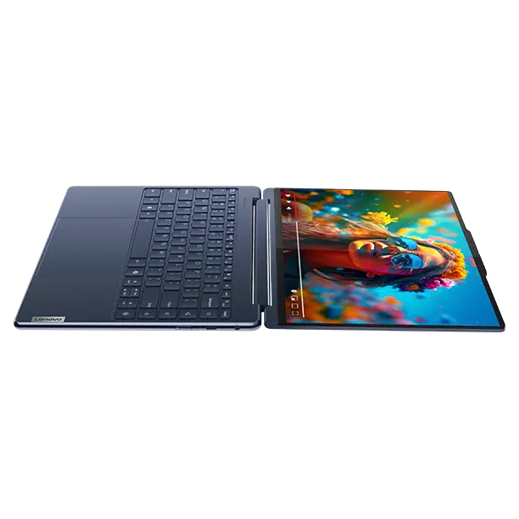 Yoga 9i 2-in-1 Gen 9 (14” Intel) in Cosmic Blue laying flat fully opened with screen on