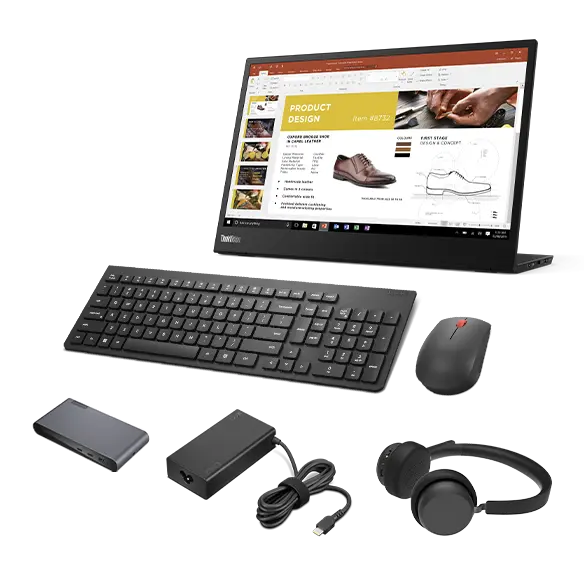 

Lenovo USB-C Universal Business Dock, Lenovo Wireless VoIP Headset, Lenovo Essential Wireless Combo Keyboard & Mouse, Power Supply and M14 Mobile Monitor