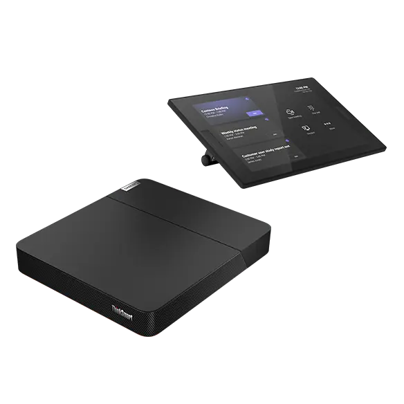 Lenovo ThinkSmart Core + Controller Kit t for Microsoft Teams with Core computing device in foreground and 10.1 inch Controller display in rear.