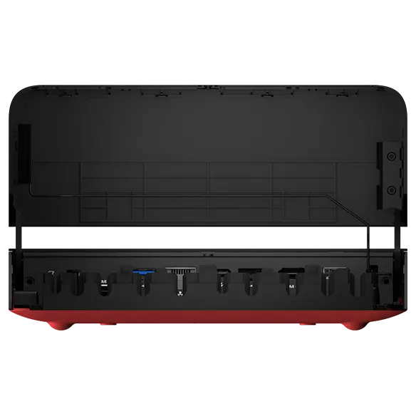 Rear view of Lenovo ThinkSmart Core computing device showing ports with cover open.