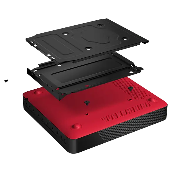 Bottom side of Lenovo ThinkSmart Core computing device with exploded view of VESA mount panels and screw.