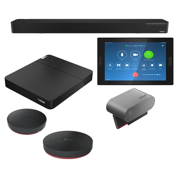 Lenovo ThinkSmart Core Full Room Kit for Zoom clockwise: Bar, Controller display, Cam, optional mic pods, and Core computing device.