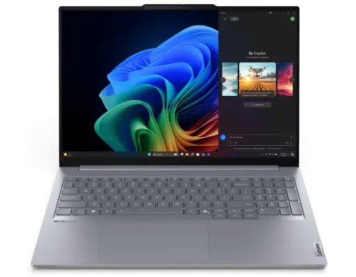 A Lenovo ThinkBook 16 Gen 7 (16” Snapdragon) laptop, luna grey, front view, lid open, with Copilot menu on the display.