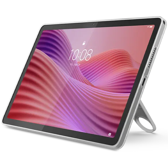 Angled view of the Lenovo Tab in stand mode, showcasing the touchscreen with a vibrant pink and purple gradient design.