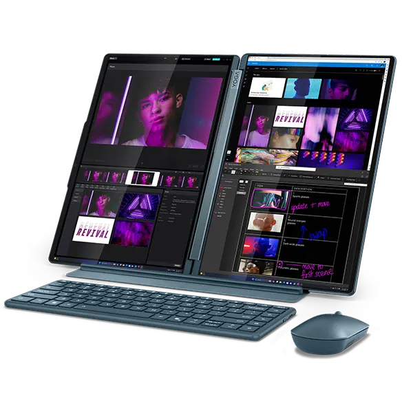 Vista en ángulo de Yoga Book 9i Gen 10 mostrando múltiples pantallas con teclado y ratón.