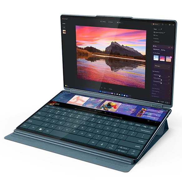 Vista frontal en ángulo izquierdo de Yoga Book 9i Gen 10