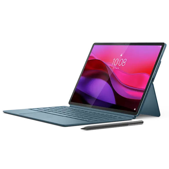 Zwei Lenovo Yoga Tab Plus Tablets Rücken an Rücken gestellt, schräge Position in Tidal Teal und Muschelfarben, die dünne Profile, glatte Oberflächen und minimalistische Ästhetik unterstreichen.