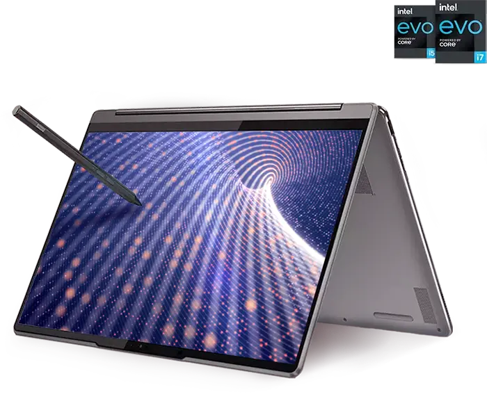 Lenovo Yoga Laptop featured in tent mode with a digital pen.