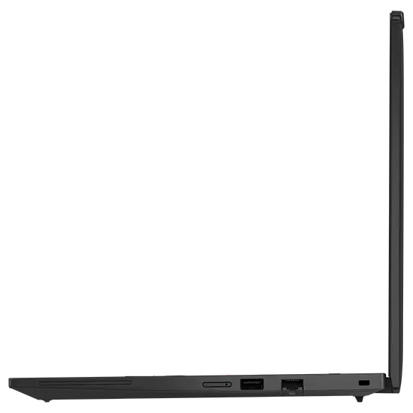 Right side view of Lenovo ThinkPad T14 Gen 5 (14” AMD) Eclipse Black laptop with lid opened at 90 degrees, focusing its slim profile & right side ports.