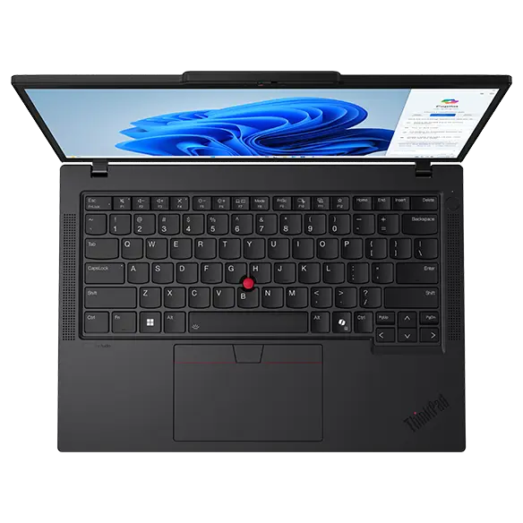 Overhead shot of Lenovo ThinkPad T14 Gen 5 (14” AMD) Eclipse Black laptop with lid opened at 90 degrees, focusing its redesigned keyboard & enlarged touchpad. 